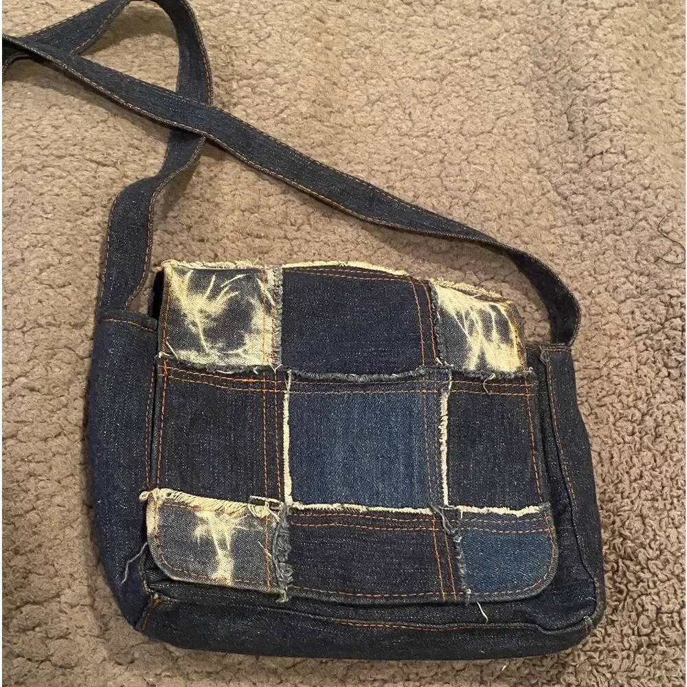 Denim Patchwork Crossbody Purse Bag Blue Jean Acid Washed